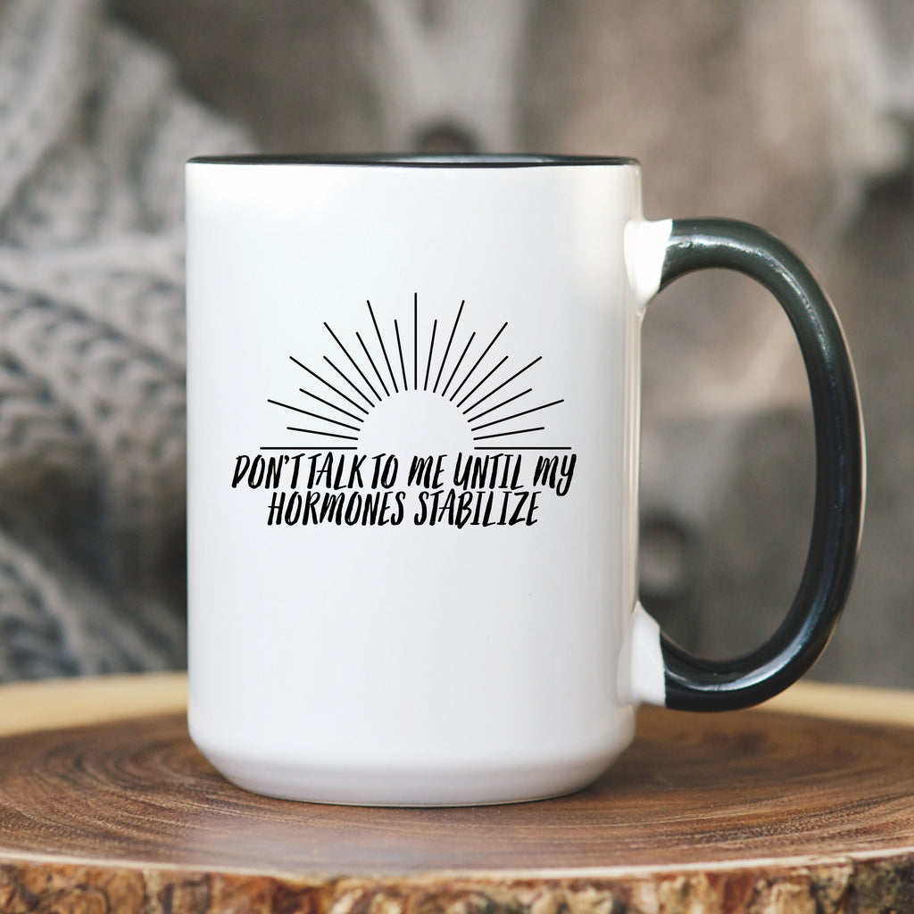 Black accent funny perimenopause mug with hormone humor design, gift for women experiencing menopause or mood swings