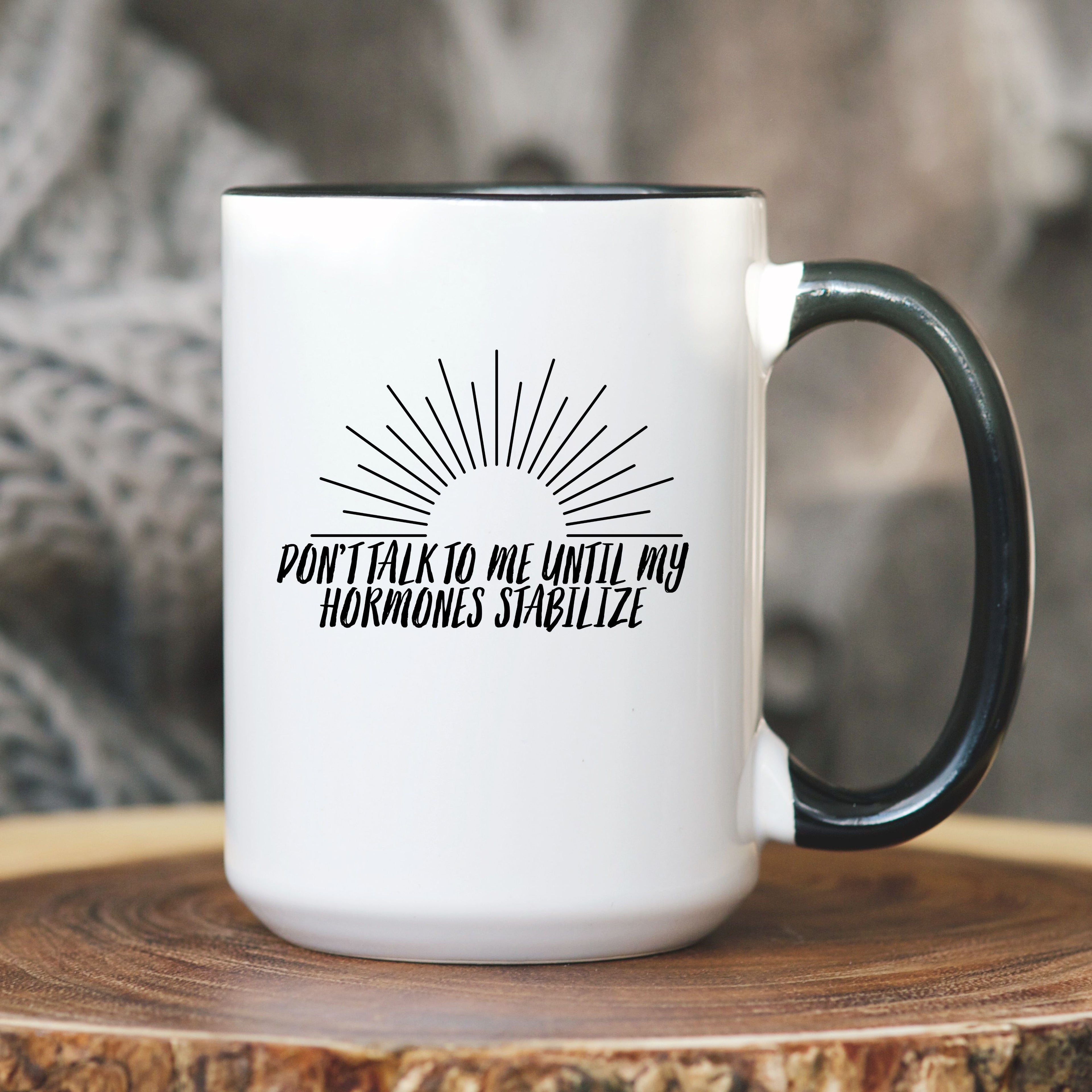 Black accent funny perimenopause mug with hormone humor design, gift for women experiencing menopause or mood swings