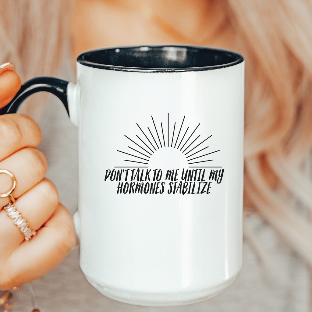 Black accent funny perimenopause mug with hormone humor design, gift for women experiencing menopause or mood swings