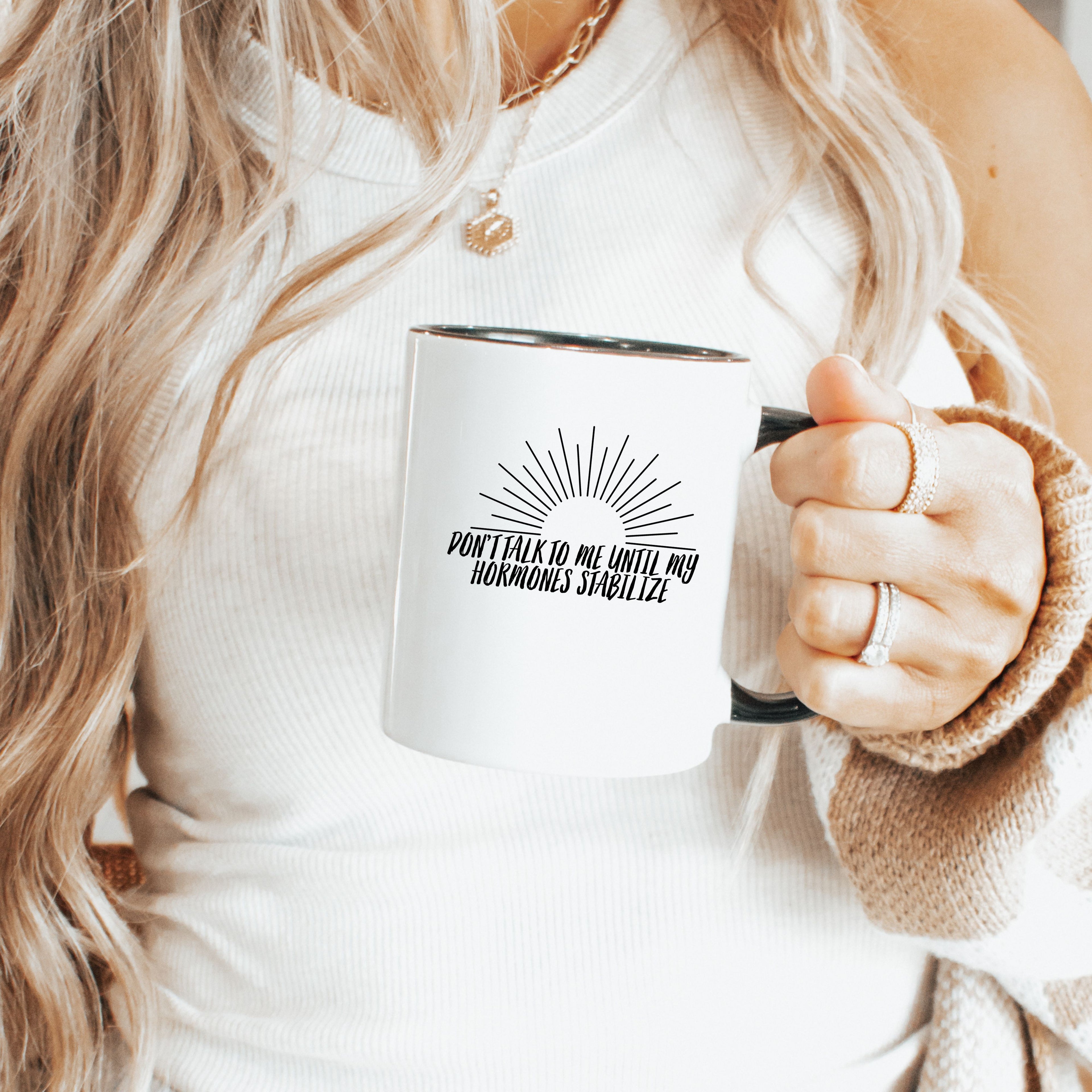 Person holding a mug black accent perimenopause mug with a funny saying